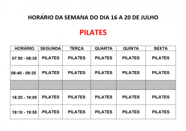 Horário pilates de 16 a 20 de junho