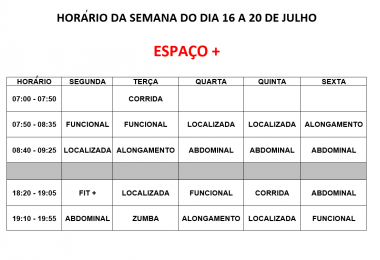 horário espaço mais 16 a 20 de julho